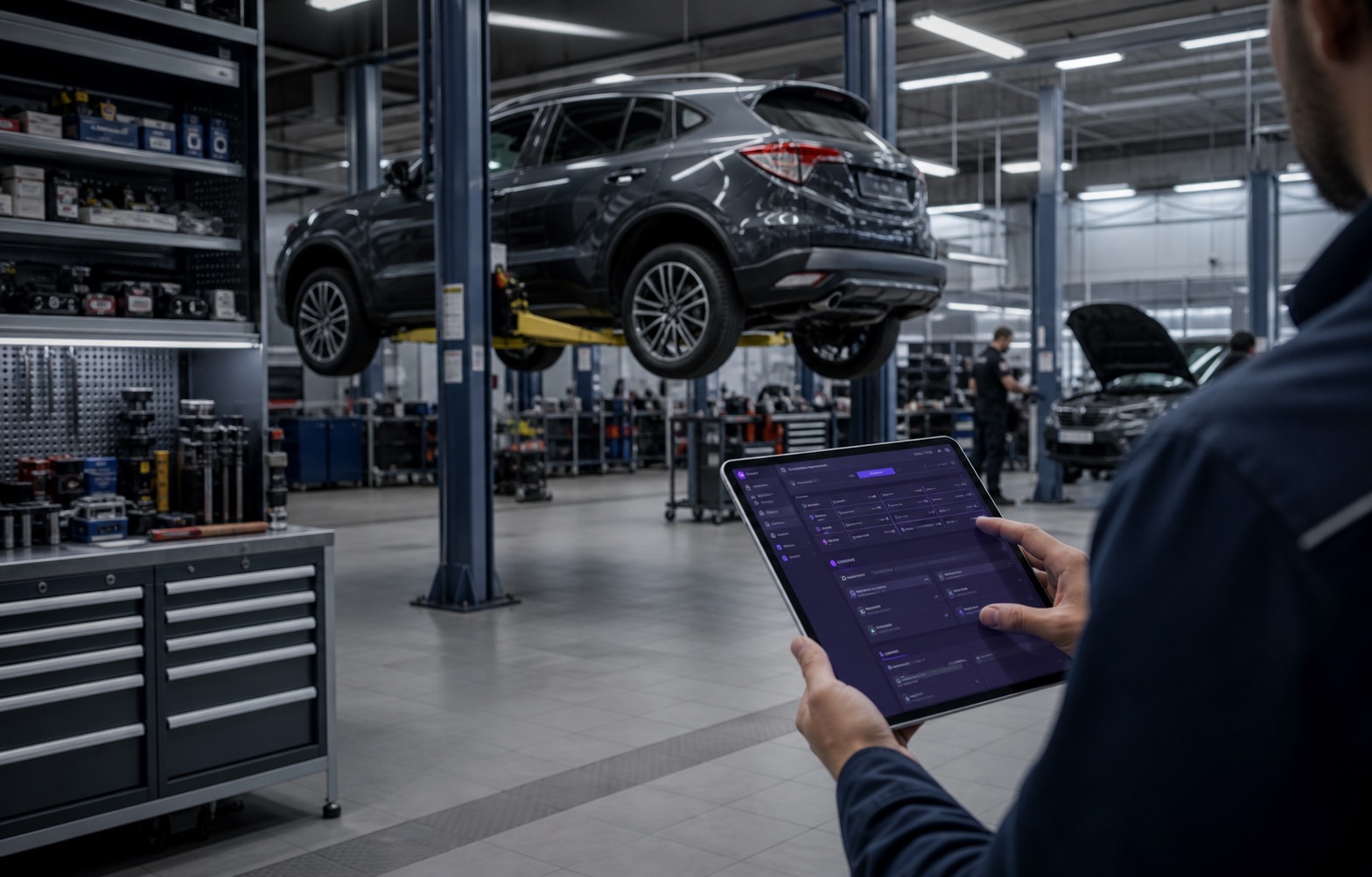 СТО с автомобилем на подъемнике и CRM на планшете