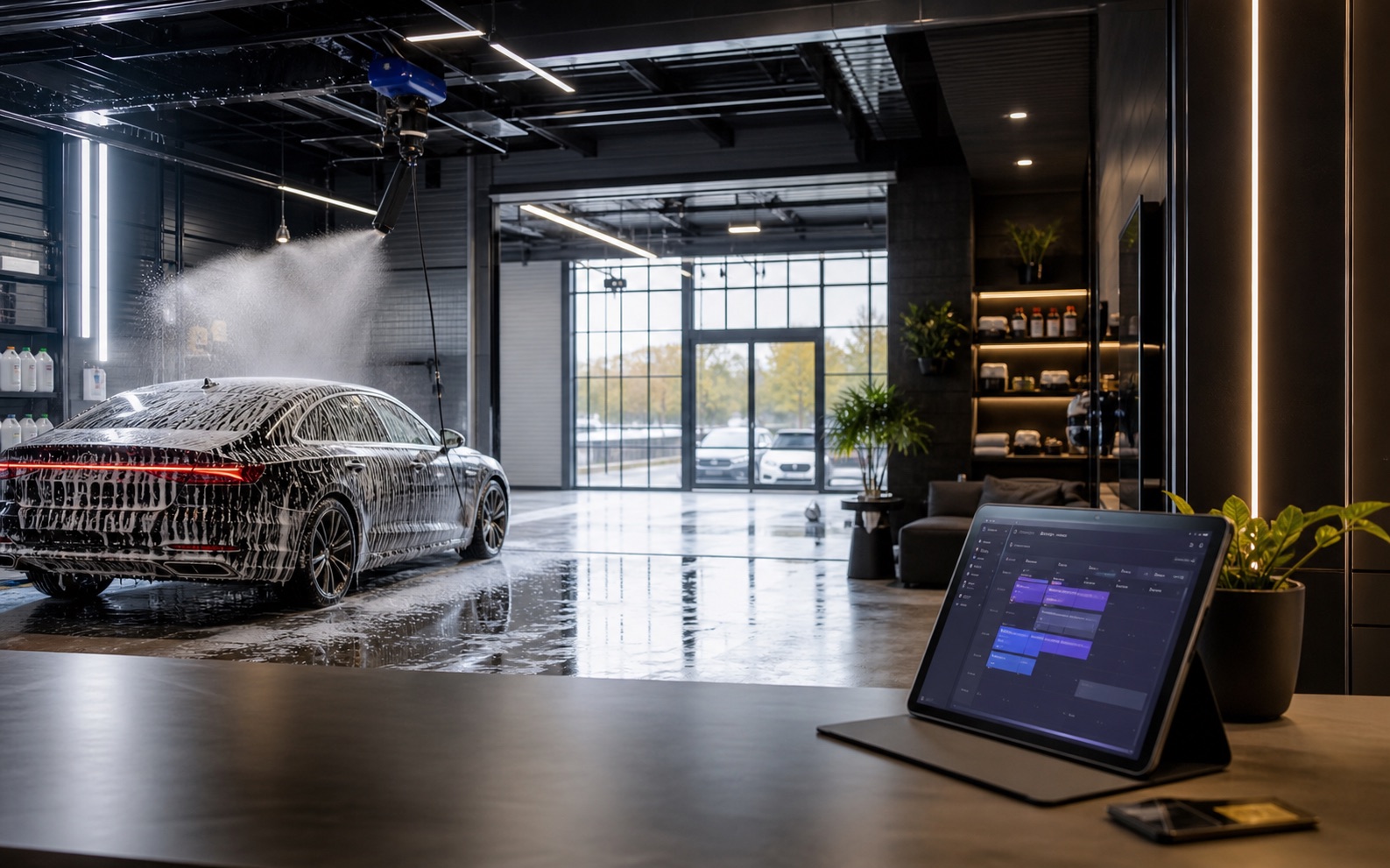 Автомойка с CRM расписанием на планшете и автомобилем в боксе